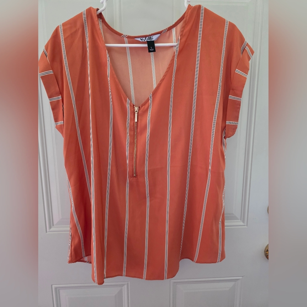 Orange and White Striped Zip-Front Blouse Size L